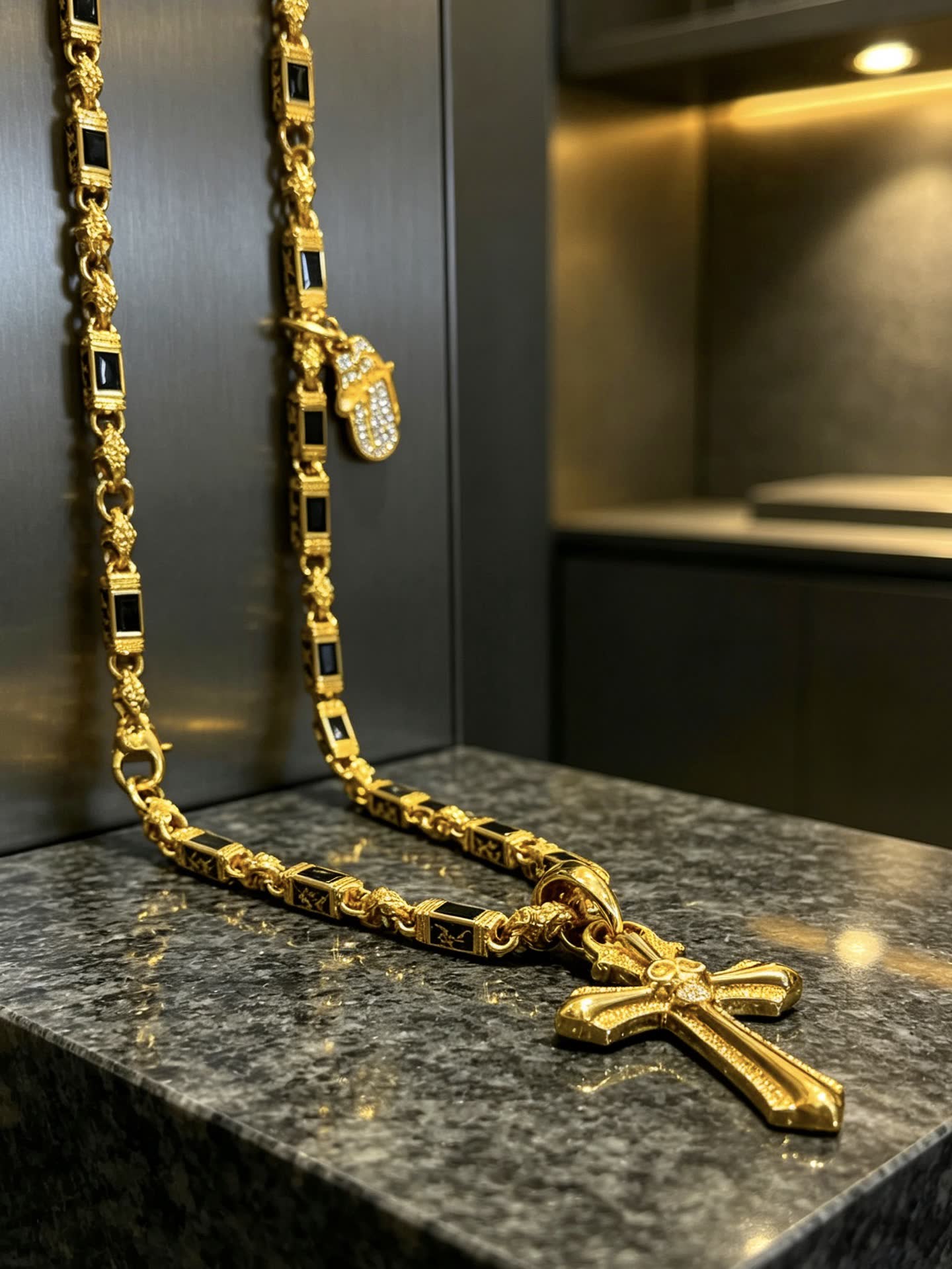 Chrome Hearts Gold Cross Pendant Necklace with Black Stones